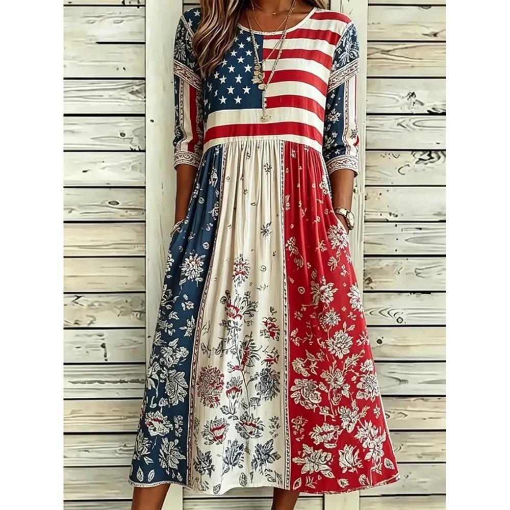 Oufisun American Flag Floral Patchwork Maxi Dress Patriotic Red White Blue